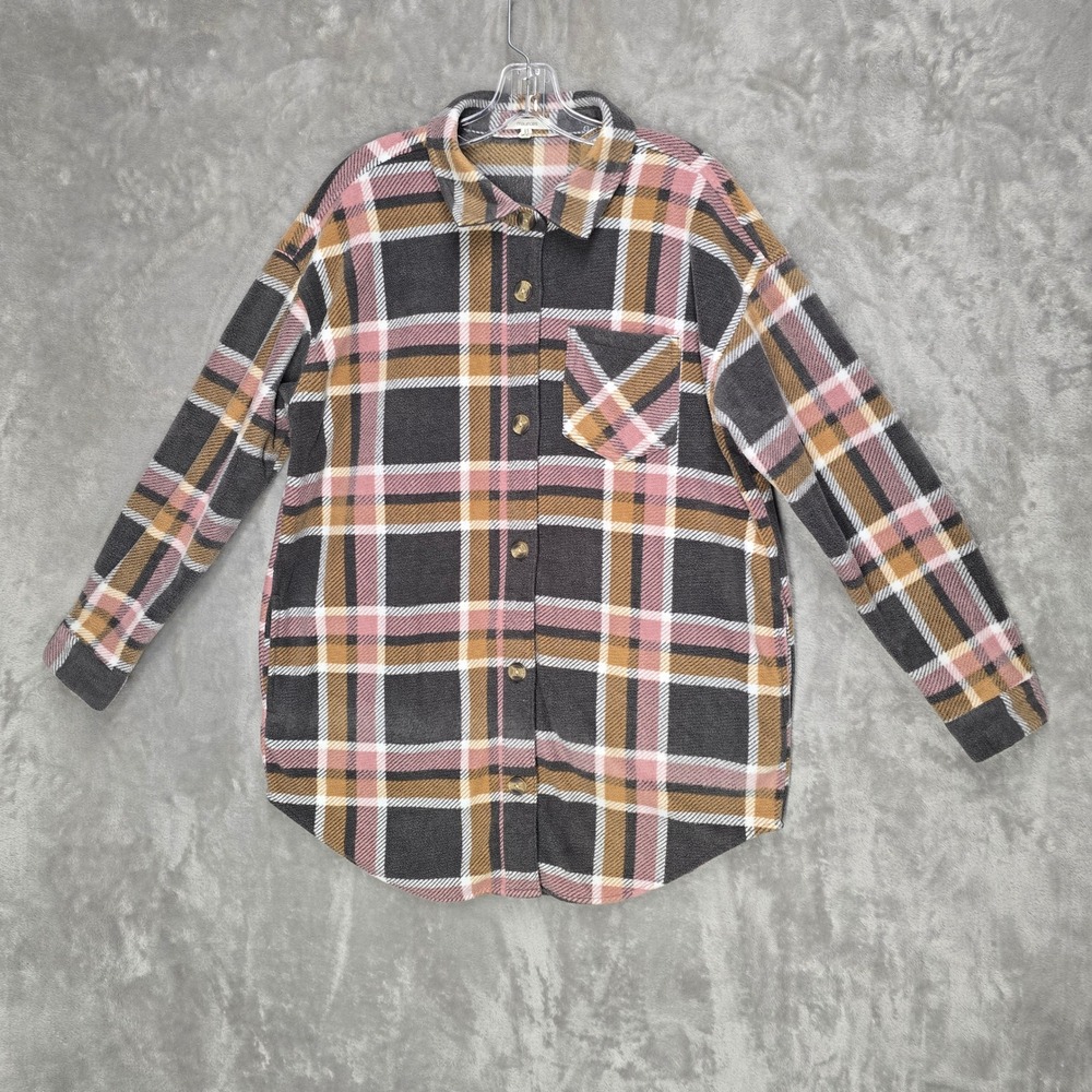 Maurices Shirt Jacket Women M Gray Pink Plaid Fleece Pockets Shacket Flannel